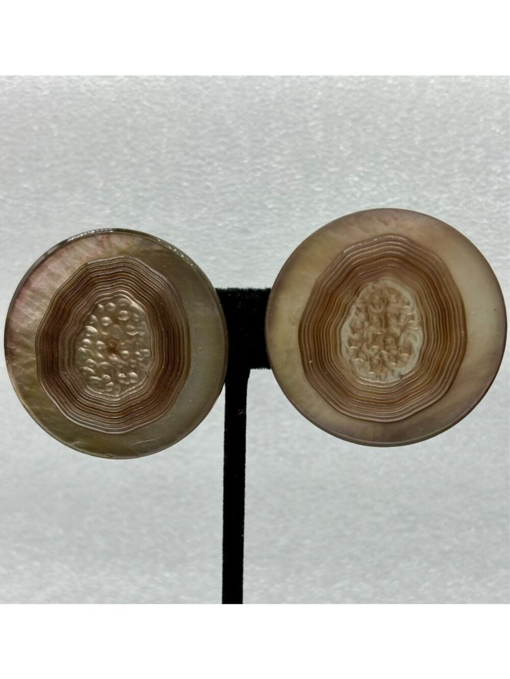 1960s Carved Iridescent Smokey Mother Of Pearl Brass Clip Earrings